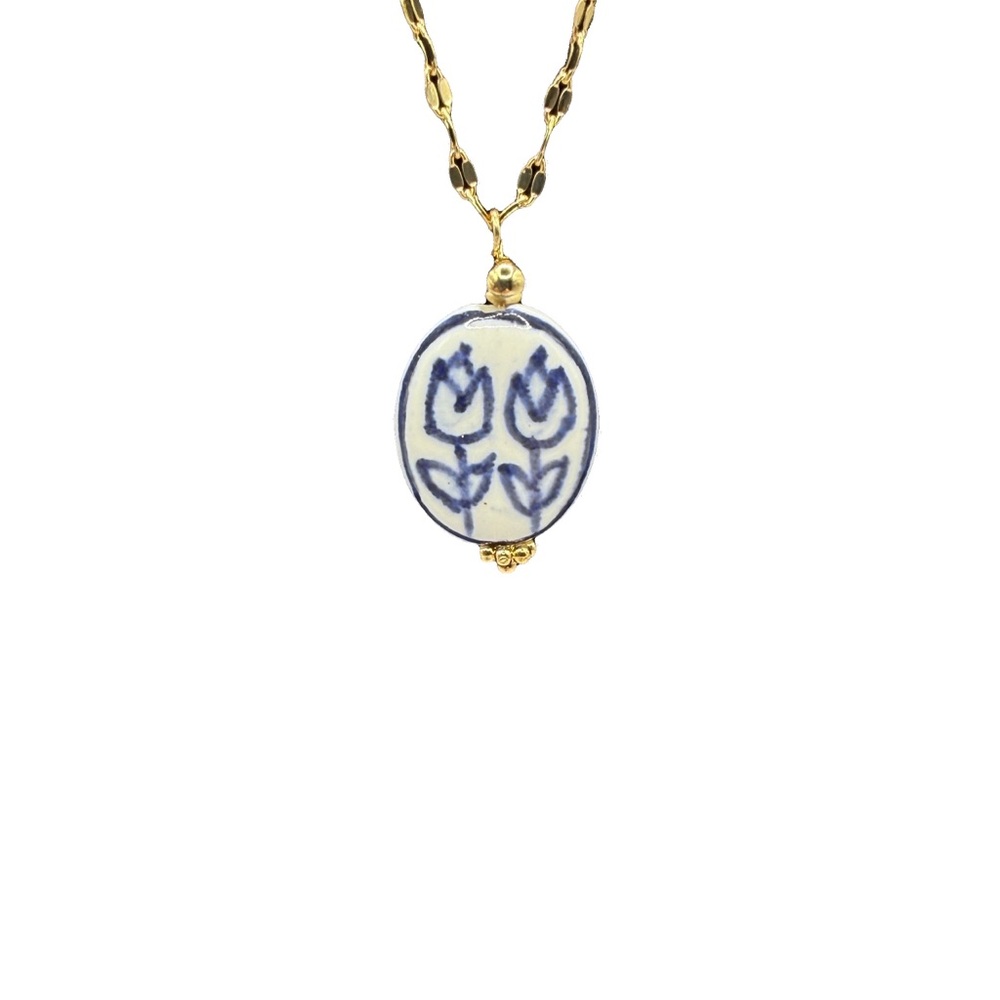 Blue and White Floral Ceramic Pendant on Stainless Steel Necklace - Picture 6 of 13